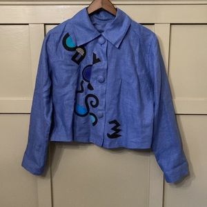 Vintage Beppa 100% Linen Blazer Jacket Blue Abstract Art To Wear Size Medium